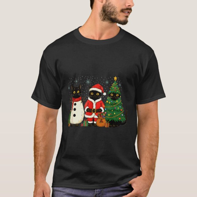 Black Cat Christmas Lights Reindeer Santa Meowy Ca T-Shirt (Front)