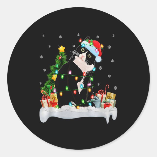 Black Cat Christmas Lights Santa Hat Black Cat Lov Classic Round Sticker (Front)