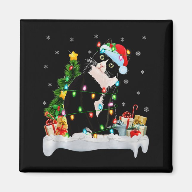 Black Cat Christmas Lights Santa Hat Black Cat Lov Magnet (Front)