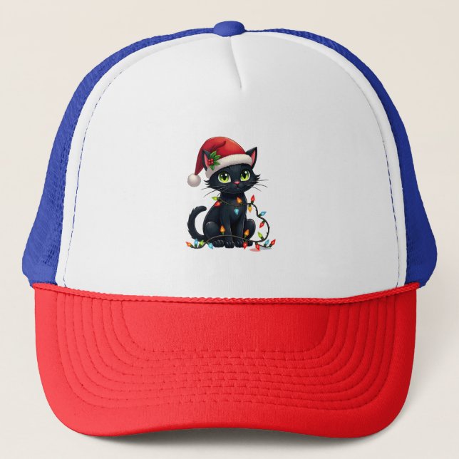 Black Cat Christmas Lights Santa Hat Funny Xmas Ca (Front)