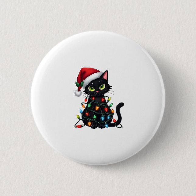 Black Cat Christmas Lights Santa Hat Funny Xmas Ca 6 Cm Round Badge (Front)