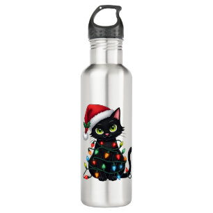 Black Cat Christmas Lights Santa Hat Funny Xmas Ca 710 Ml Water Bottle