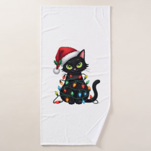 Black Cat Christmas Lights Santa Hat Funny Xmas Ca Bath Towel