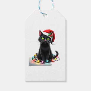 Black Cat Christmas Lights Santa Hat Funny Xmas Ca Gift Tags