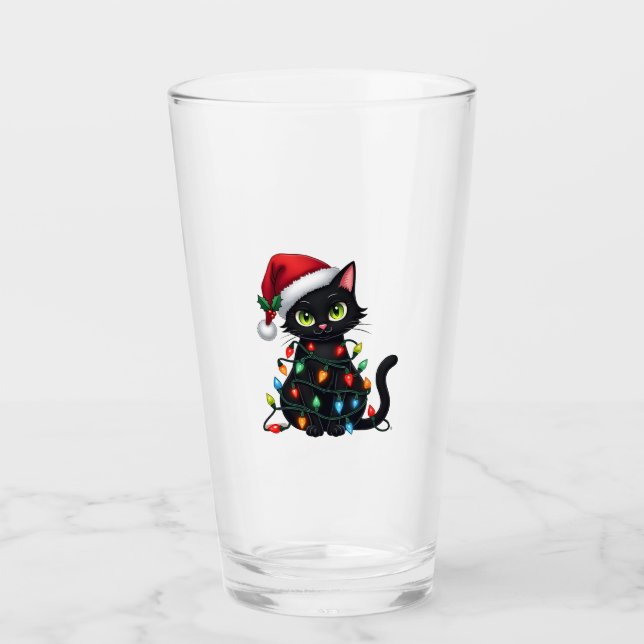 Black Cat Christmas Lights Santa Hat Funny Xmas Ca Glass (Front)
