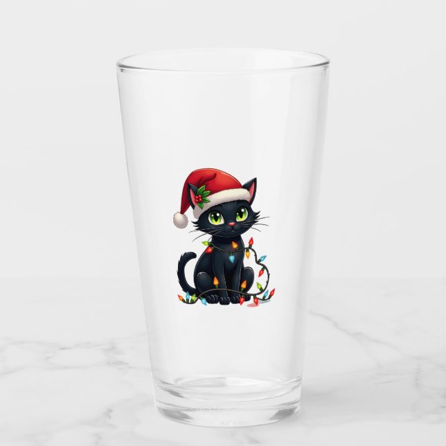 Black Cat Christmas Lights Santa Hat Funny Xmas Ca Glass (Front)