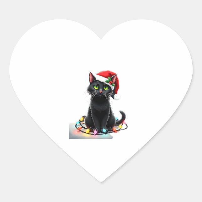 Black Cat Christmas Lights Santa Hat Funny Xmas Ca Heart Sticker (Front)