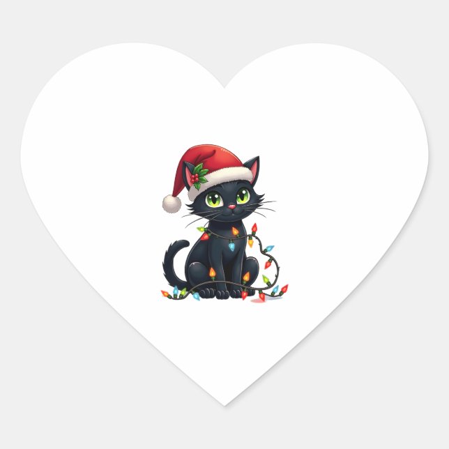 Black Cat Christmas Lights Santa Hat Funny Xmas Ca Heart Sticker (Front)