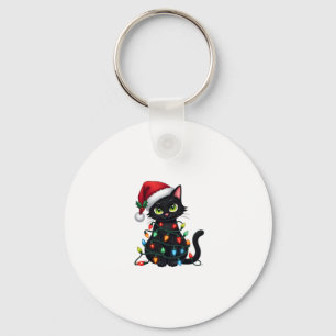 Black Cat Christmas Lights Santa Hat Funny Xmas Ca Key Ring