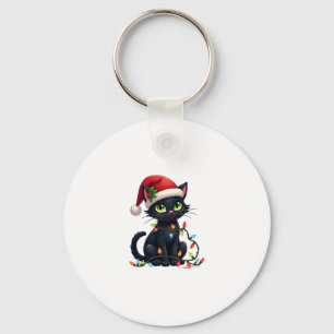 Black Cat Christmas Lights Santa Hat Funny Xmas Ca Key Ring