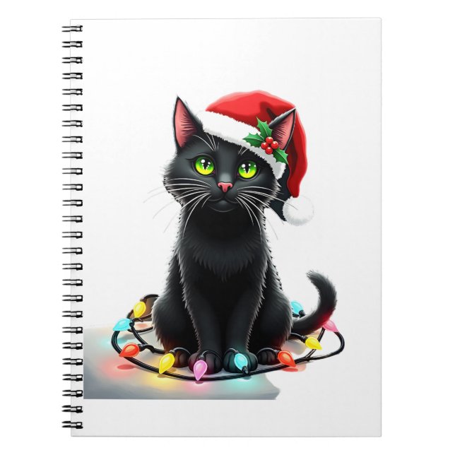 Black Cat Christmas Lights Santa Hat Funny Xmas Ca Notebook (Front)