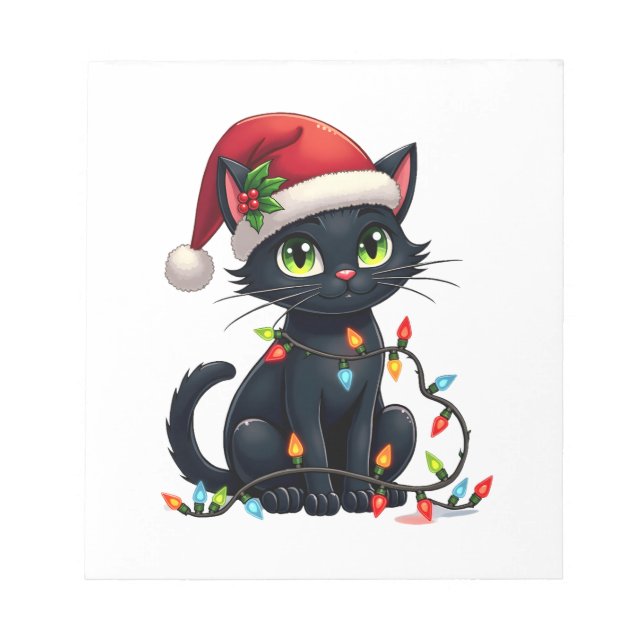 Black Cat Christmas Lights Santa Hat Funny Xmas Ca Notepad (Front)