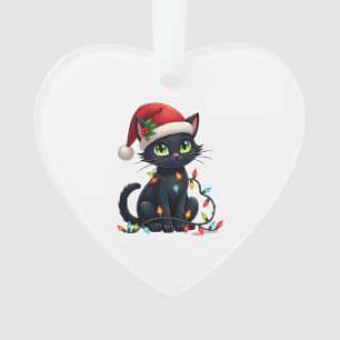 Black Cat Christmas Lights Santa Hat Funny Xmas Ca Ornament