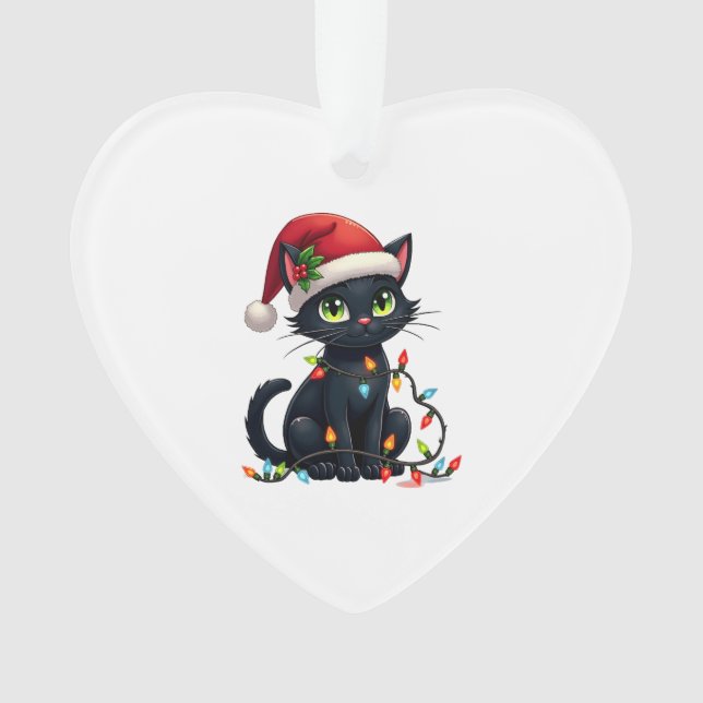 Black Cat Christmas Lights Santa Hat Funny Xmas Ca Ornament (Front)