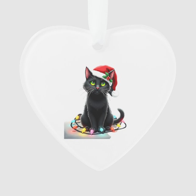 Black Cat Christmas Lights Santa Hat Funny Xmas Ca Ornament (Front)