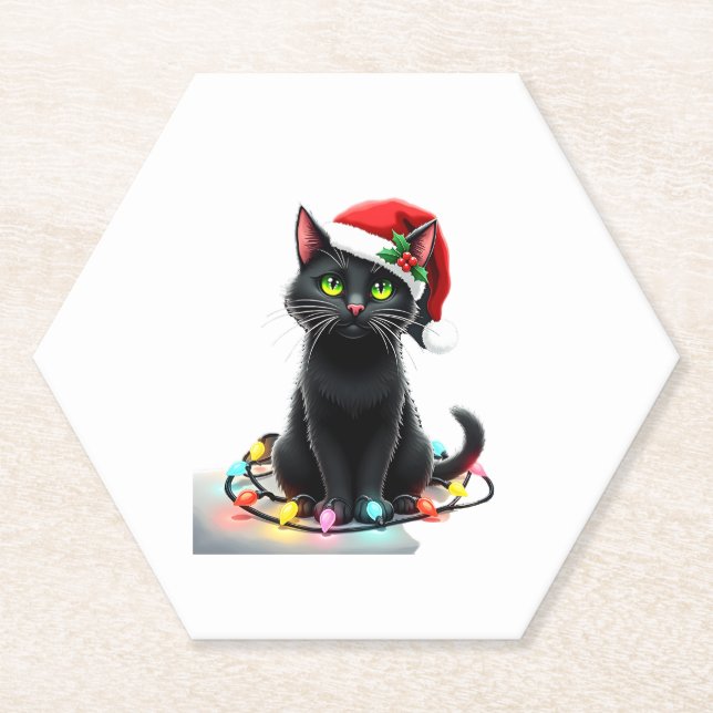 Black Cat Christmas Lights Santa Hat Funny Xmas Ca Paper Coaster (Front)