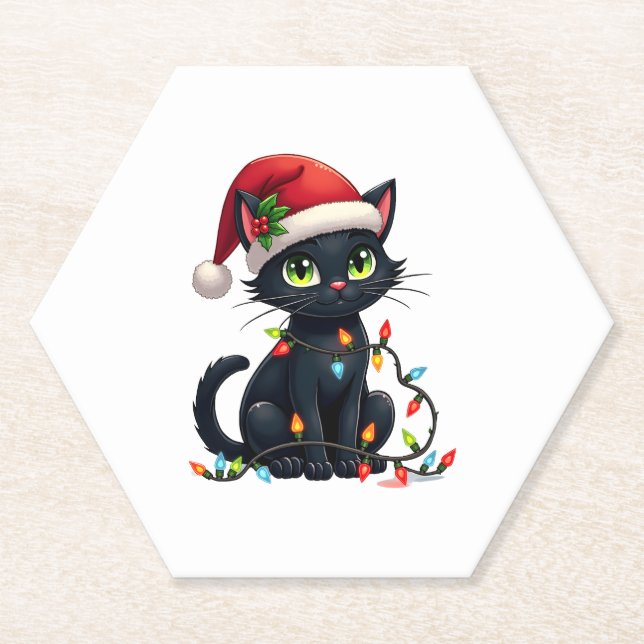 Black Cat Christmas Lights Santa Hat Funny Xmas Ca Paper Coaster (Front)