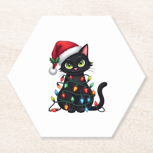Black Cat Christmas Lights Santa Hat Funny Xmas Ca Paper Coaster (Front)