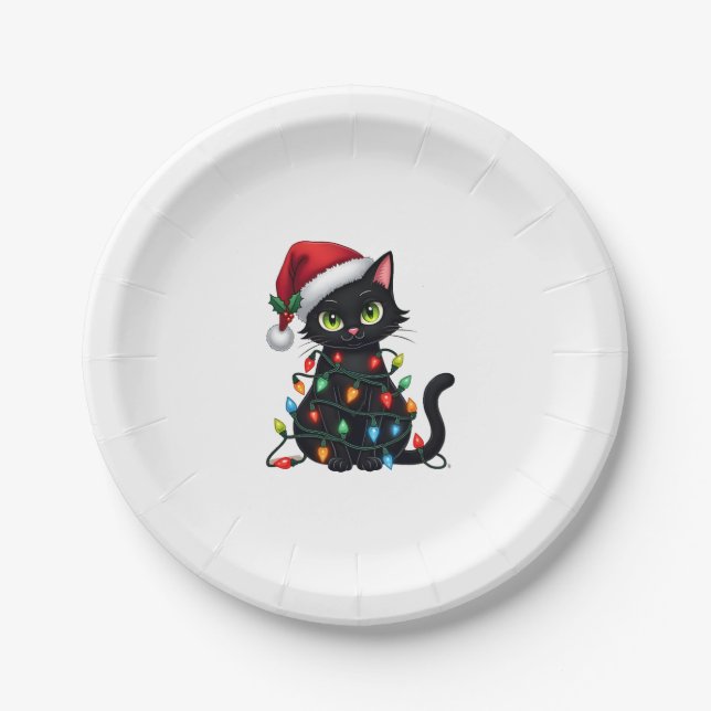 Black Cat Christmas Lights Santa Hat Funny Xmas Ca Paper Plate (Front)