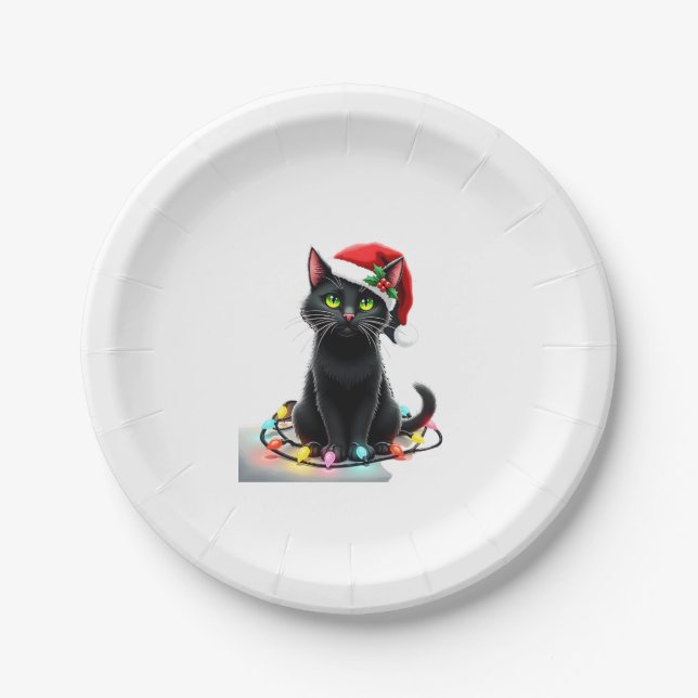 Black Cat Christmas Lights Santa Hat Funny Xmas Ca Paper Plate (Front)