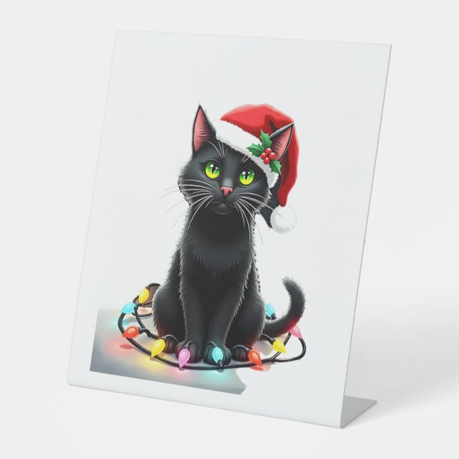 Black Cat Christmas Lights Santa Hat Funny Xmas Ca Pedestal Sign (Front)