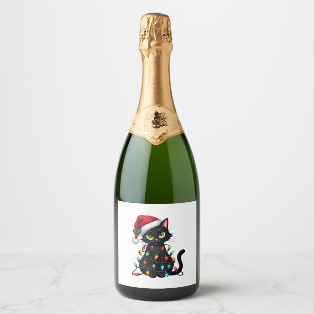 Black Cat Christmas Lights Santa Hat Funny Xmas Ca Sparkling Wine Label (Front)