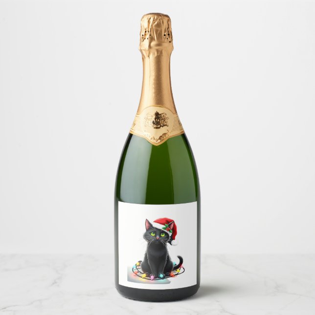 Black Cat Christmas Lights Santa Hat Funny Xmas Ca Sparkling Wine Label (Front)