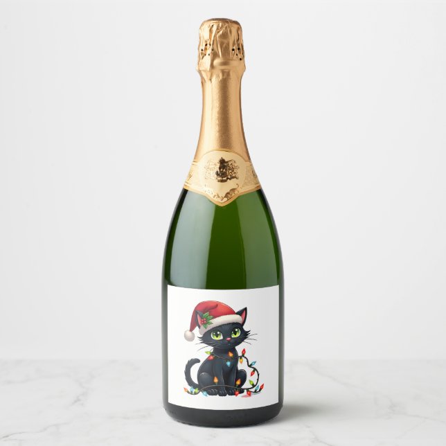 Black Cat Christmas Lights Santa Hat Funny Xmas Ca Sparkling Wine Label (Front)