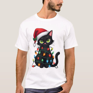 Black Cat Christmas Lights Santa Hat Funny Xmas Ca T-Shirt