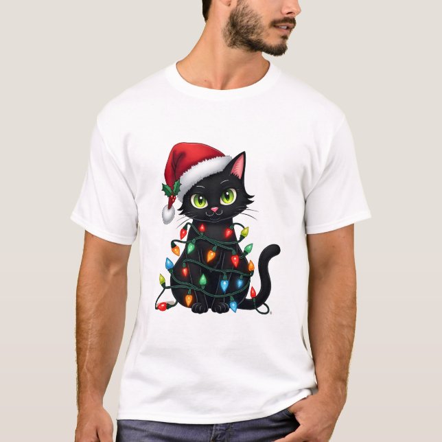 Black Cat Christmas Lights Santa Hat Funny Xmas Ca T-Shirt (Front)