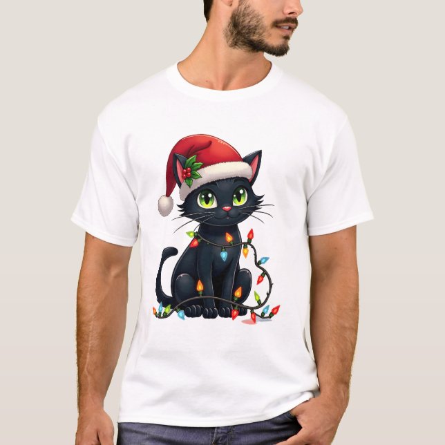 Black Cat Christmas Lights Santa Hat Funny Xmas Ca T-Shirt (Front)