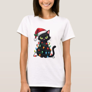 Black Cat Christmas Lights Santa Hat Funny Xmas Ca T-Shirt