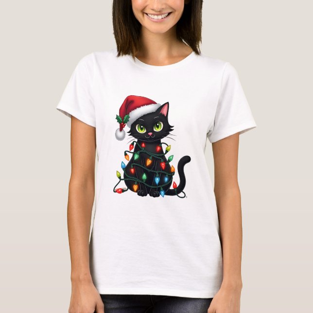 Black Cat Christmas Lights Santa Hat Funny Xmas Ca T-Shirt (Front)