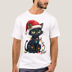 Black Cat Christmas Lights Santa Hat Funny Xmas Ca T-Shirt