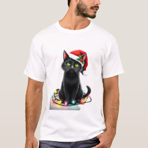 Black Cat Christmas Lights Santa Hat Funny Xmas Ca T-Shirt
