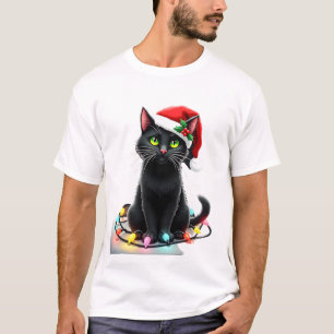 Black Cat Christmas Lights Santa Hat Funny Xmas Ca T-Shirt