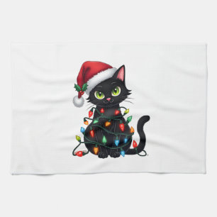 Black Cat Christmas Lights Santa Hat Funny Xmas Ca Tea Towel
