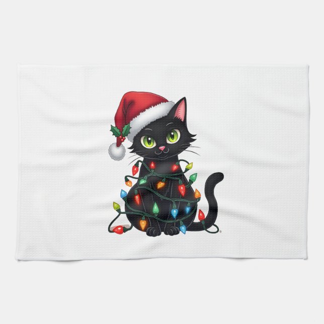 Black Cat Christmas Lights Santa Hat Funny Xmas Ca Tea Towel (Horizontal)