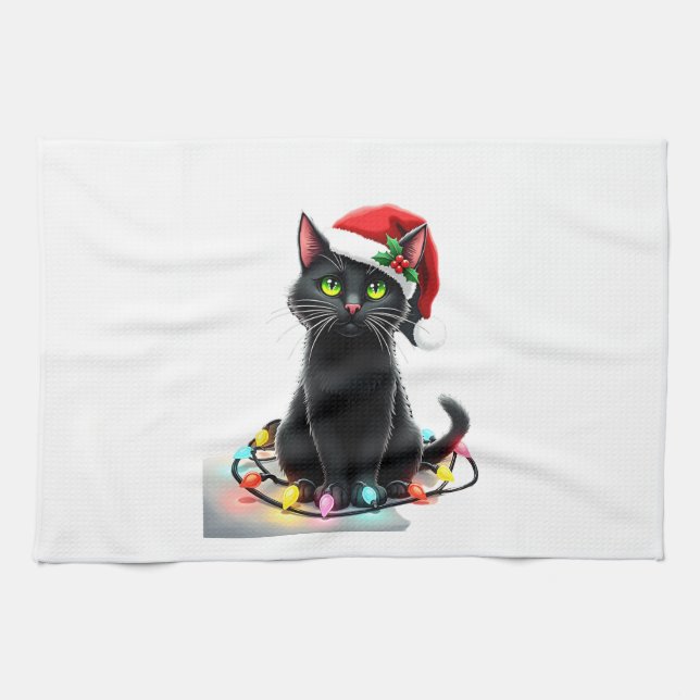 Black Cat Christmas Lights Santa Hat Funny Xmas Ca Tea Towel (Horizontal)