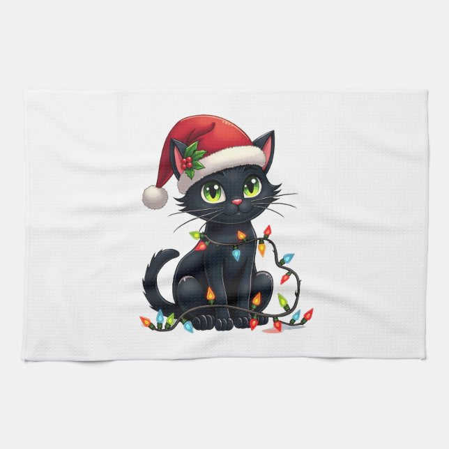 Black Cat Christmas Lights Santa Hat Funny Xmas Ca Tea Towel (Horizontal)