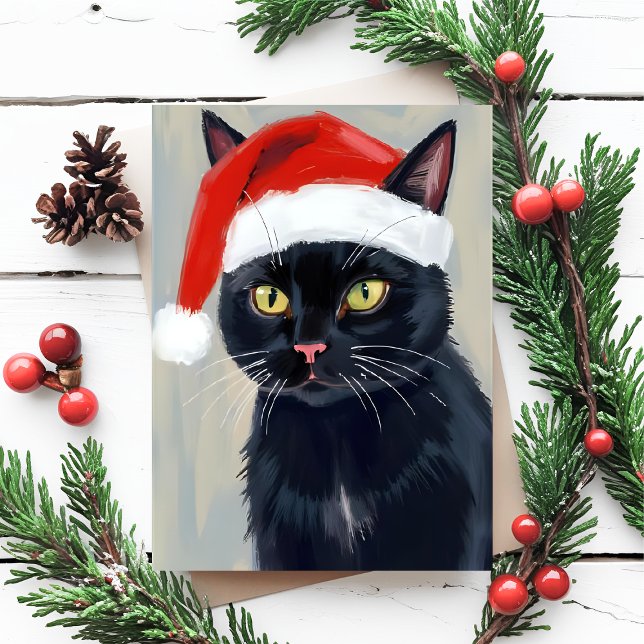 Black Cat Christmas Painting Santa Hat Holiday Card (Creator Uploaded)