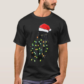 Black Cat Christmas Pajama Cat Kitten  Xmas Lights T-Shirt