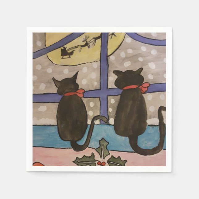 Black Cat Christmas Paper Napkins (Front)