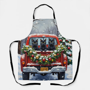 Black Cat Christmas Red Truck Holiday Apron