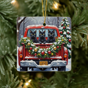 Black Cat Christmas Red Truck Holiday Ceramic Ornament