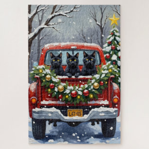 Black Cat Christmas Red Truck Holiday Jigsaw Puzzle