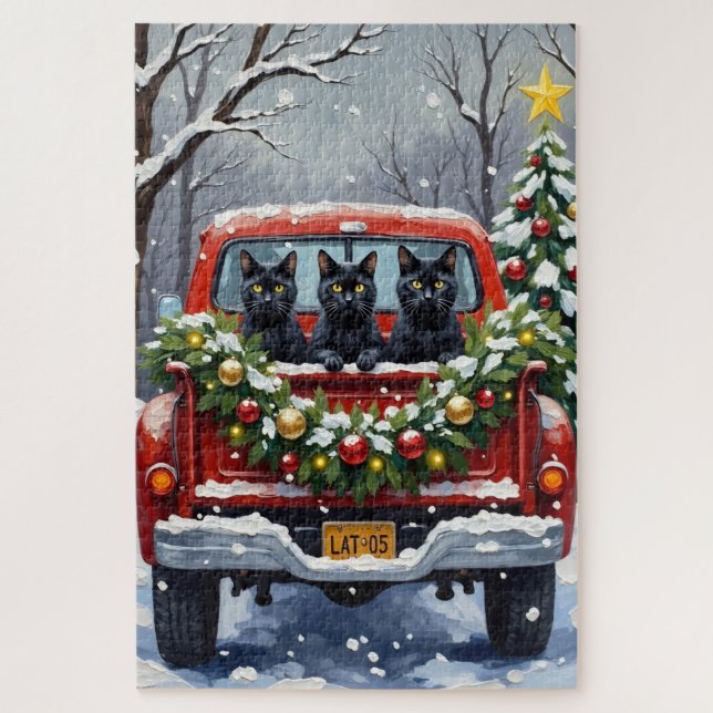 Black Cat Christmas Red Truck Holiday Jigsaw Puzzle (Vertical)