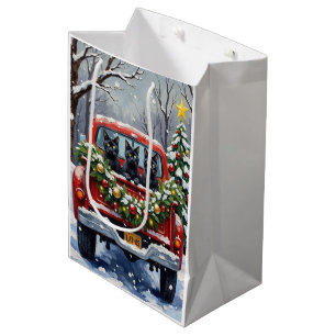 Black Cat Christmas Red Truck Holiday Medium Gift Bag