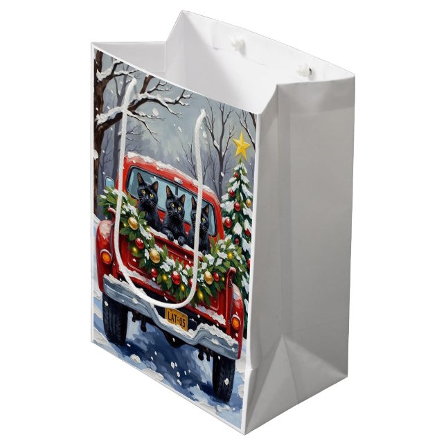 Black Cat Christmas Red Truck Holiday Medium Gift Bag (Front Angled)