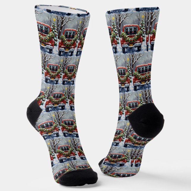 Black Cat Christmas Red Truck Holiday Socks (Angled)